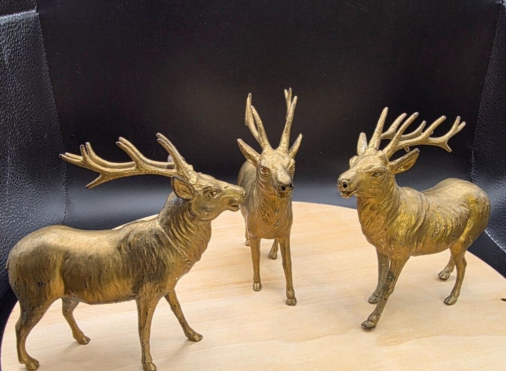 Brass Tone Elk Stag Deer Figurines Set of 3 Wildlife Vintage Made In Japan